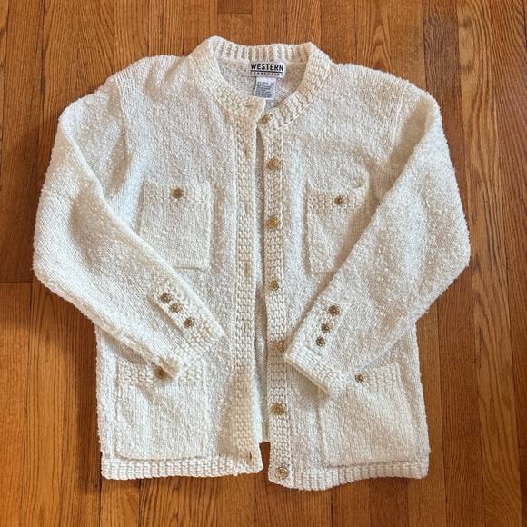 Western Connection Sweaters - Western Collection Cream Bouclé Cardigan with Gold Buttons